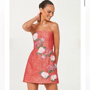Helsi Frida Beaded Strapless Mini Dress With Floral Appliqué in Red Sz S